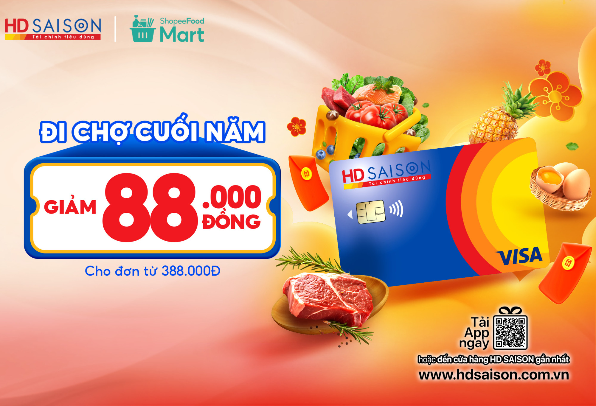 Thẻ HD SAISON giảm 88.000 VNĐ đi chợ tại ShopeeFood