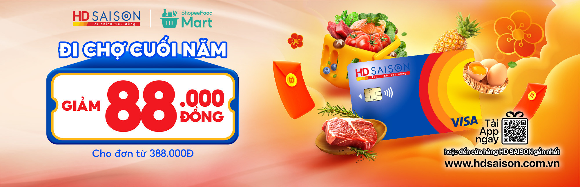 Thẻ HD SAISON giảm 88.000 VNĐ đi chợ tại ShopeeFood